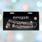 The packaging of the "Renegade Manaconda Clear Cock Extender Sleeve" features a transparent sleeve crafted from body-safe material. It is set against a background of blurred colorful lights, emphasizing its status as a premium vibrating penis extension for enhanced experiences.